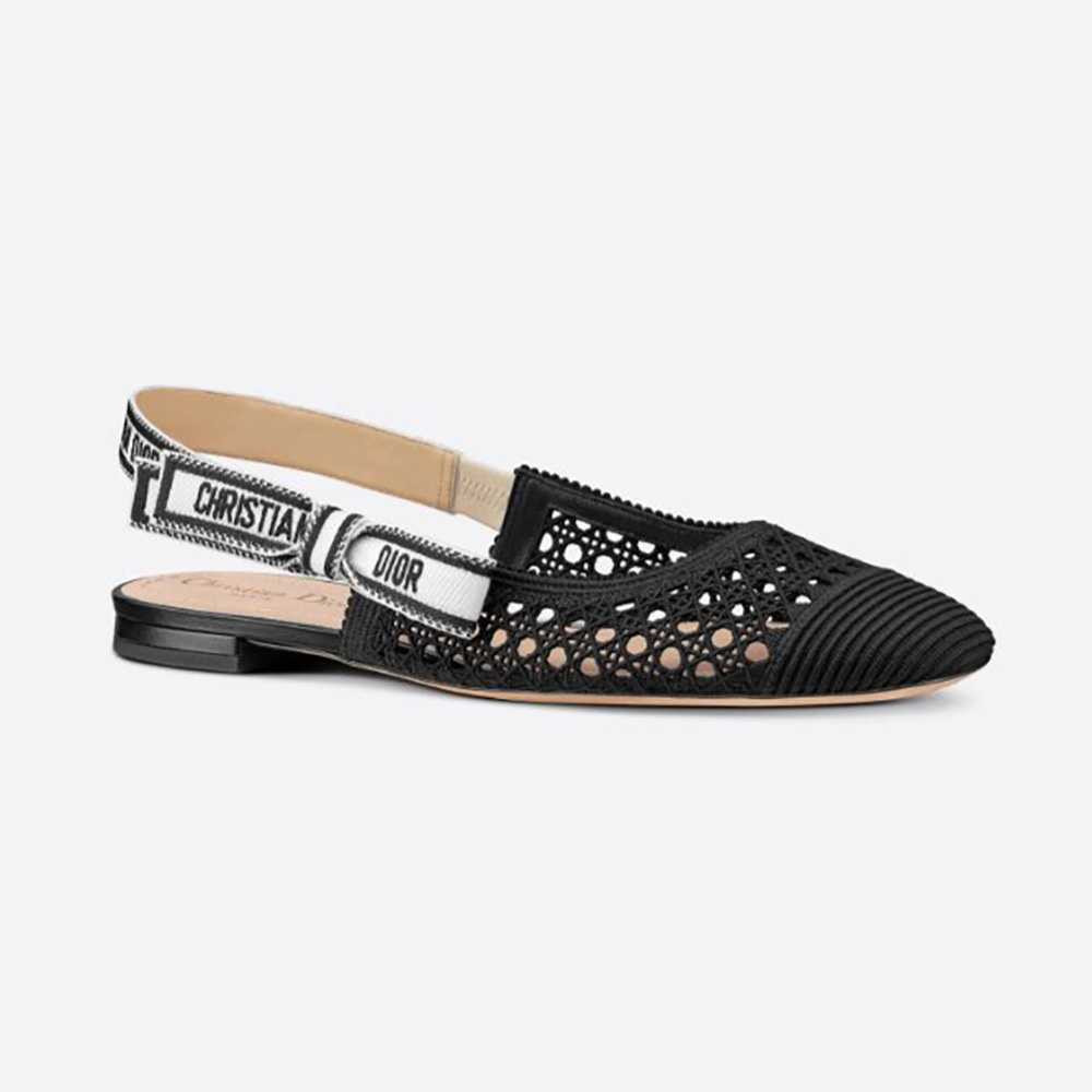 Side view of Dior Women Dior and Moi Slingback Ballerina Flat Black Cannage Embroidered Mesh