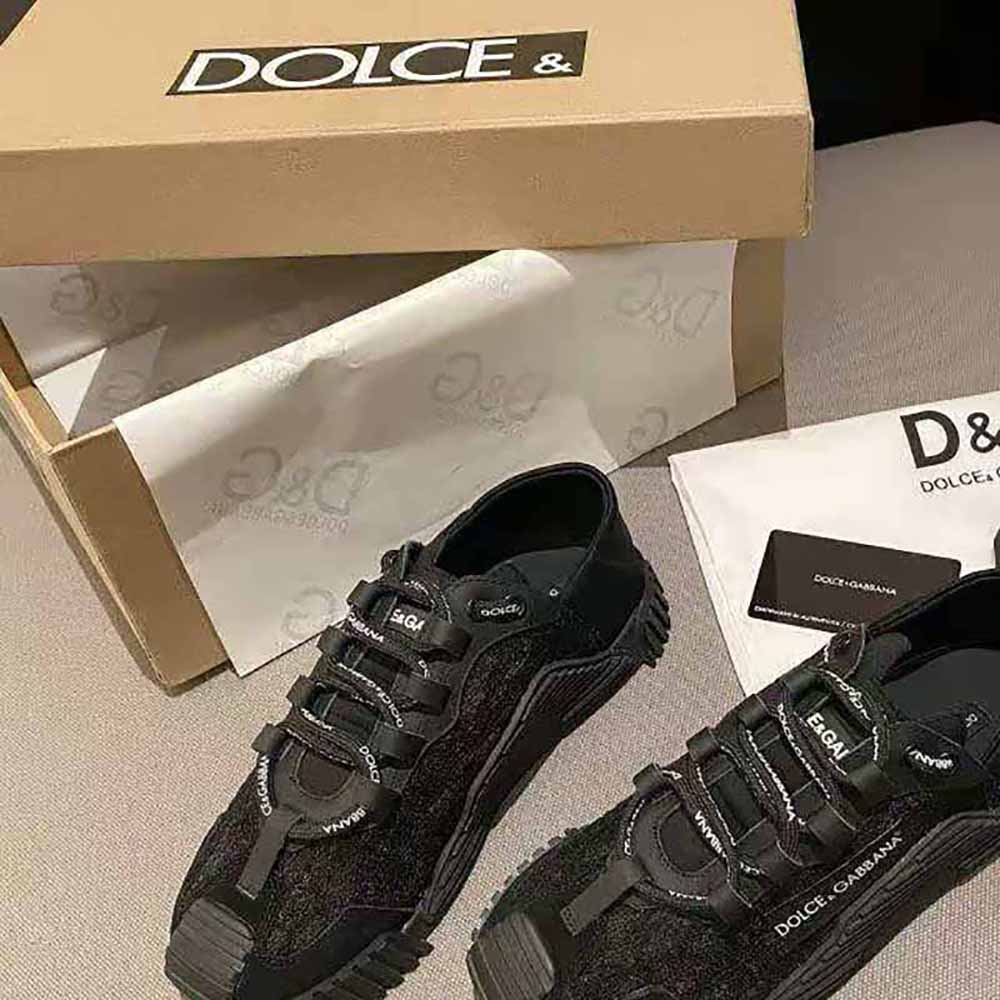 Close-up on black leather and mesh detail of Dolce Gabbana D&G sneakers