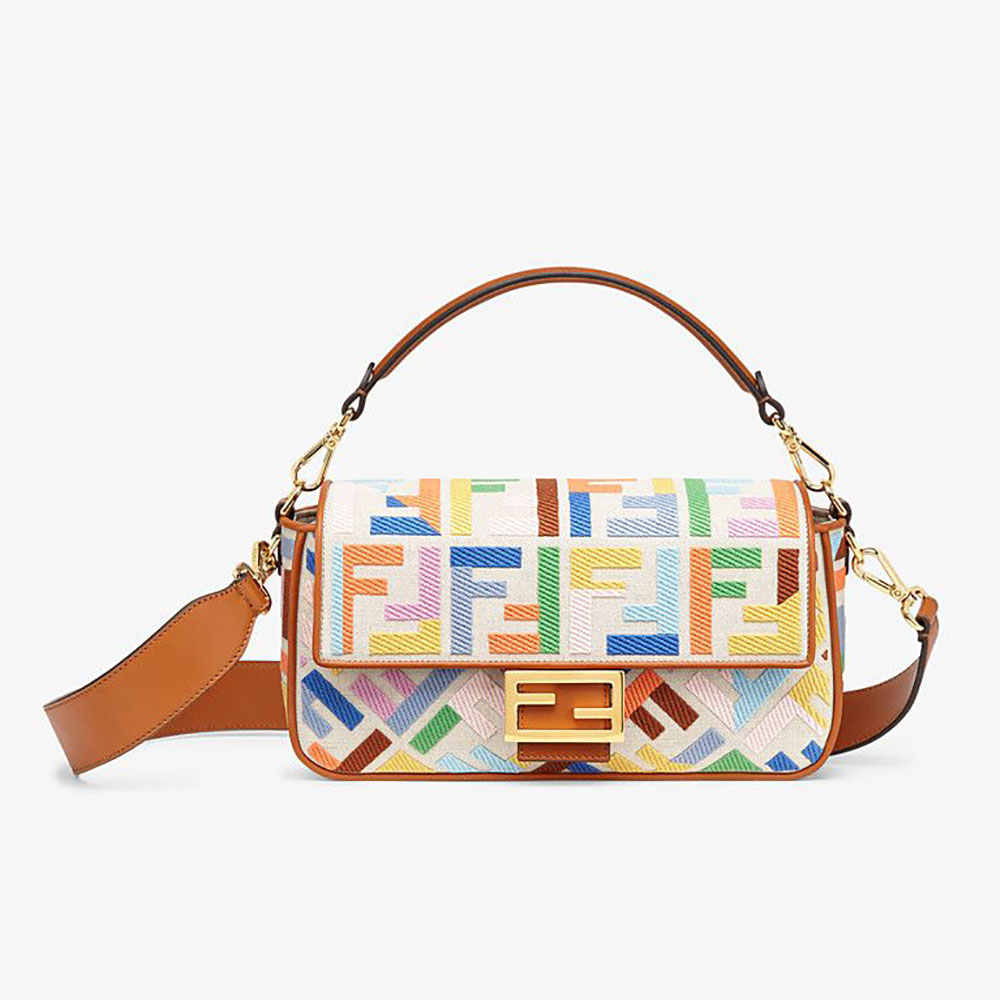 Front view of Fendi Women Baguette Beige Canvas Bag with leather flap
