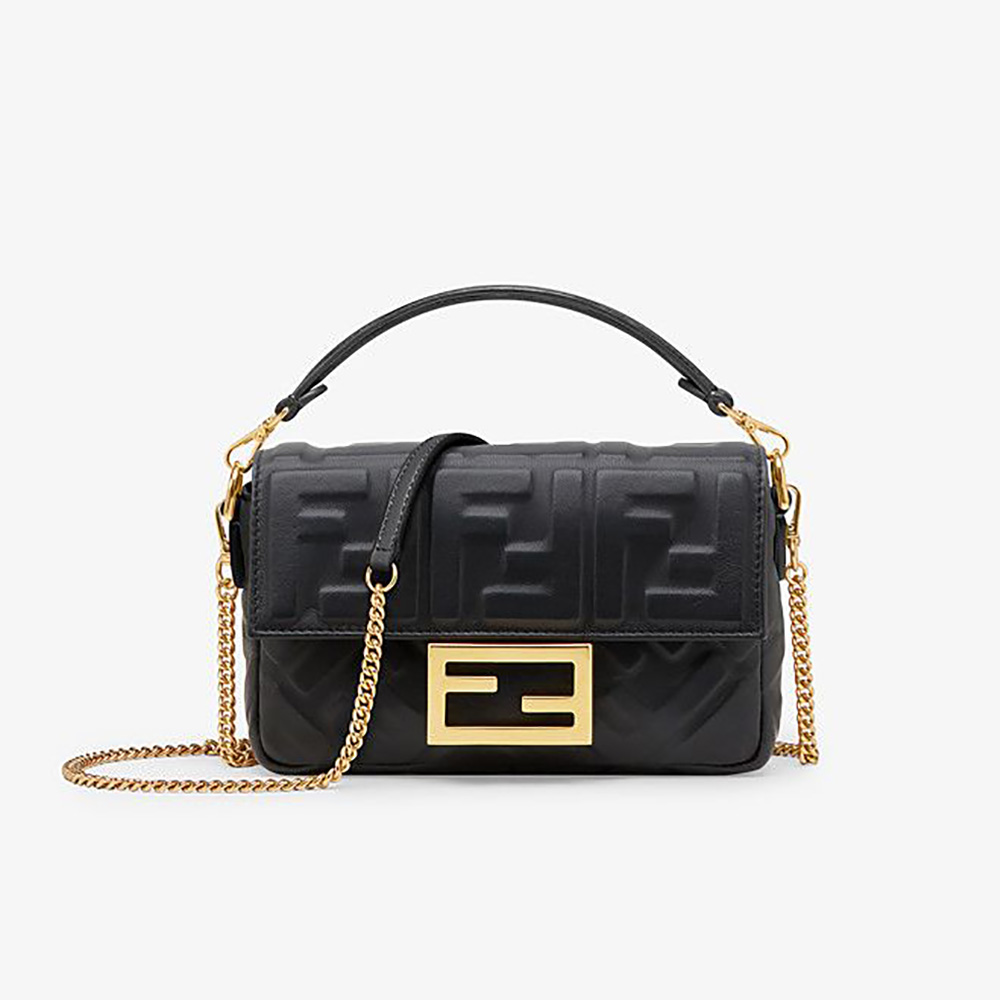 Front view of Fendi Women Baguette Black Leather Bag with gold clasp