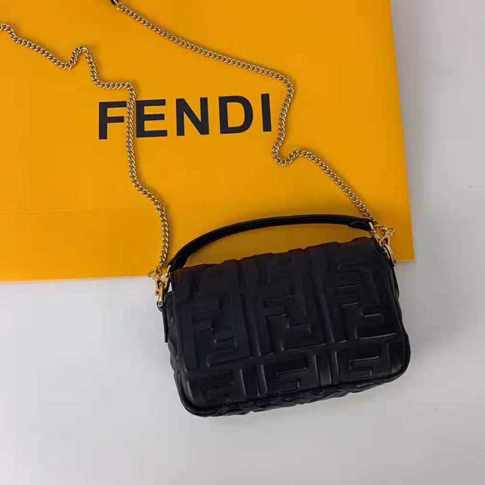 Side angle showing smooth leather texture on Fendi Women Baguette Black Leather Bag