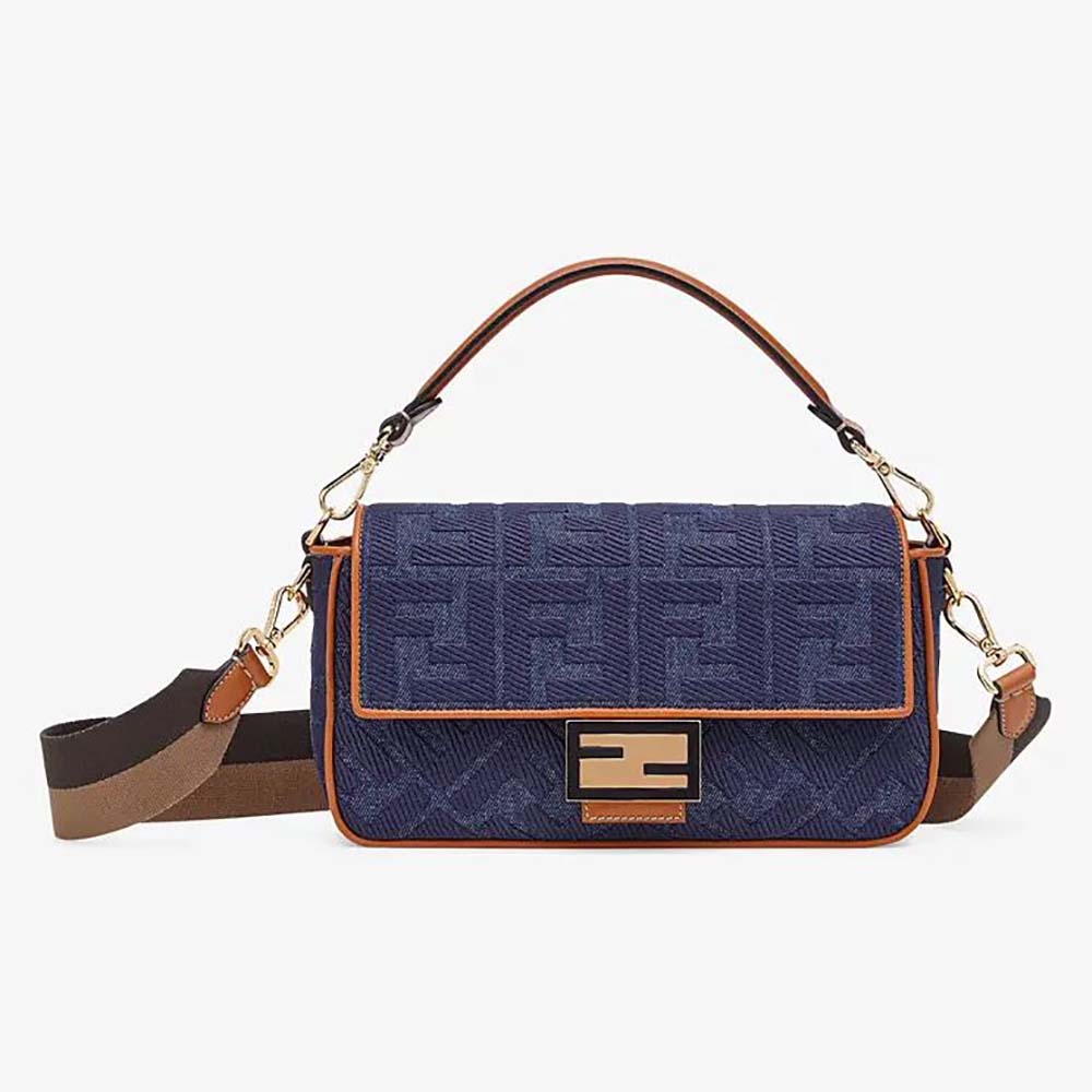 Front view of Fendi Women Baguette Blue Denim Bag showcasing gold hardware