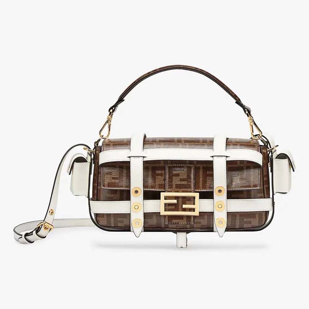 Front view of Fendi Women Baguette Cage Brown Fabric Bag-White showing cage pattern