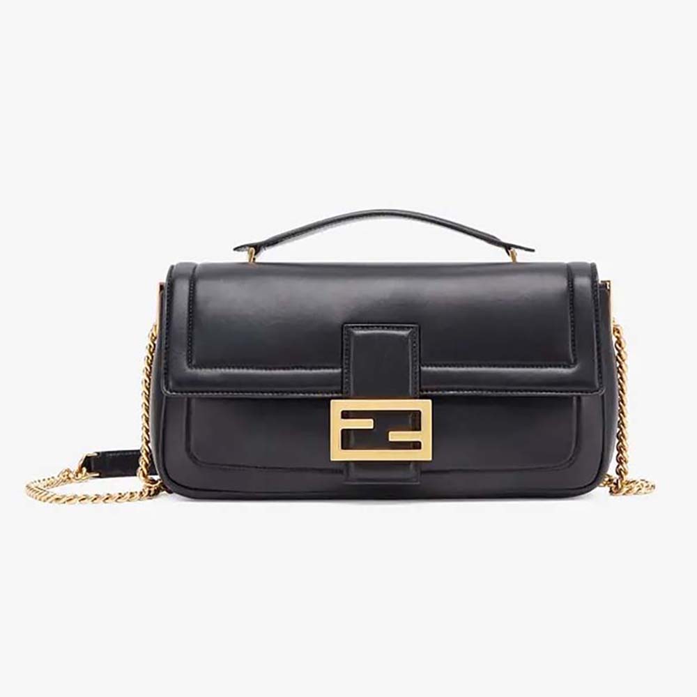 Side angle of Fendi Women Baguette Chain Black Nappa Leather Bag showing chain detail