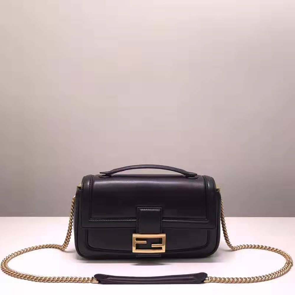Front view of Fendi Women Baguette Chain Black Nappa Leather Bag highlighting silhouette