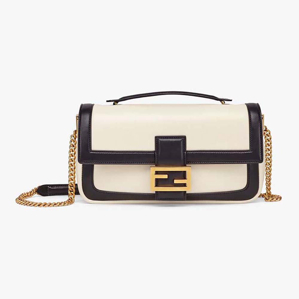Front view of Fendi Women Baguette Chain Black and White Nappa Leather Bag