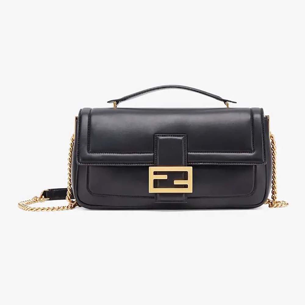 Front view of Fendi Women Baguette Chain Nappa Leather Bag-Black with chain strap