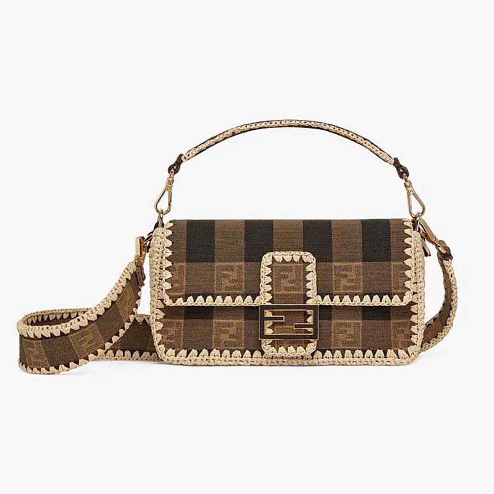 Side view of Fendi Women Baguette Brown Fabric Bag showing flap closure