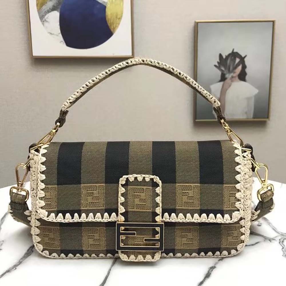 Close-up of gold hardware on Fendi Women Baguette Brown Fabric Bag