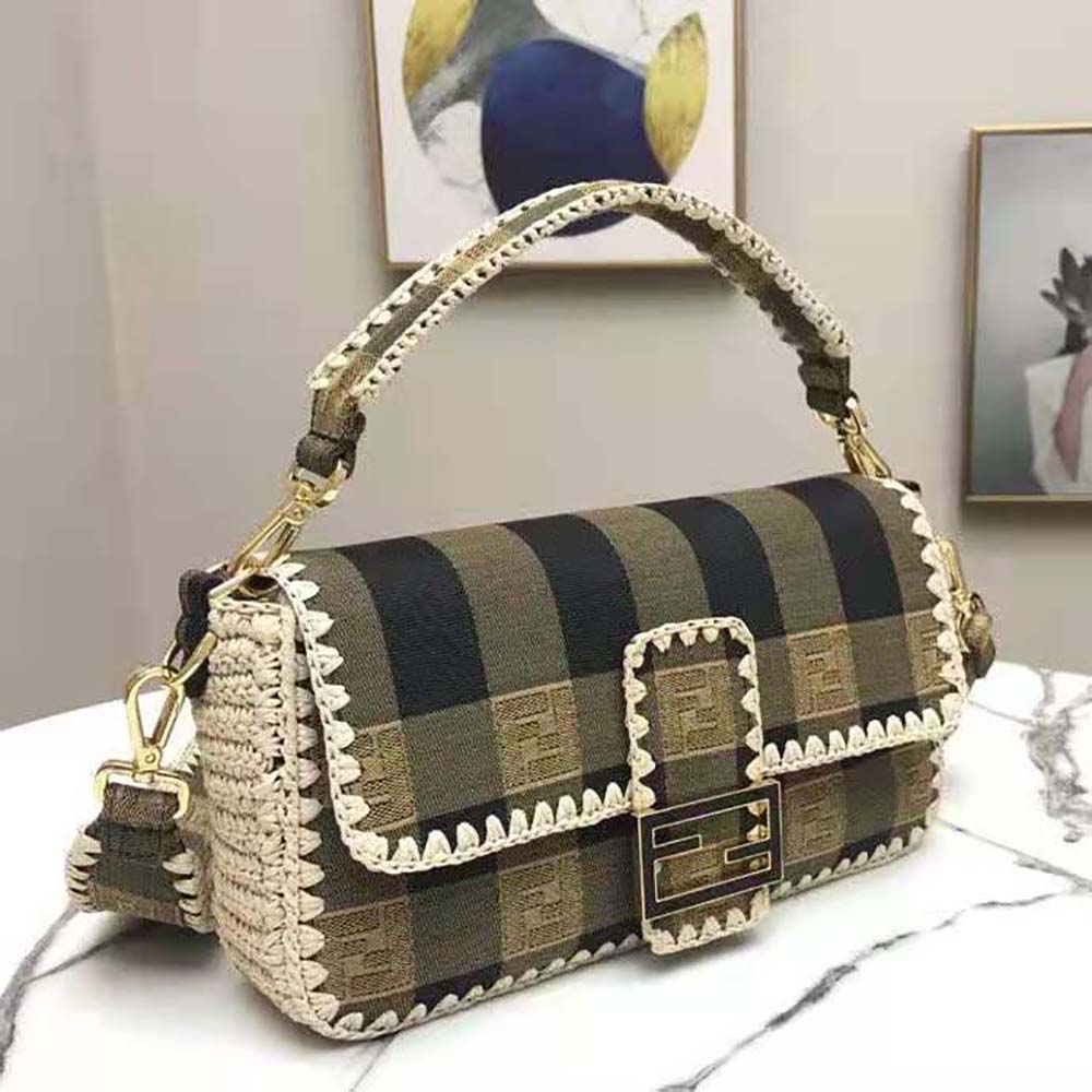 Front view of Fendi Women Baguette Brown Fabric Bag on white background