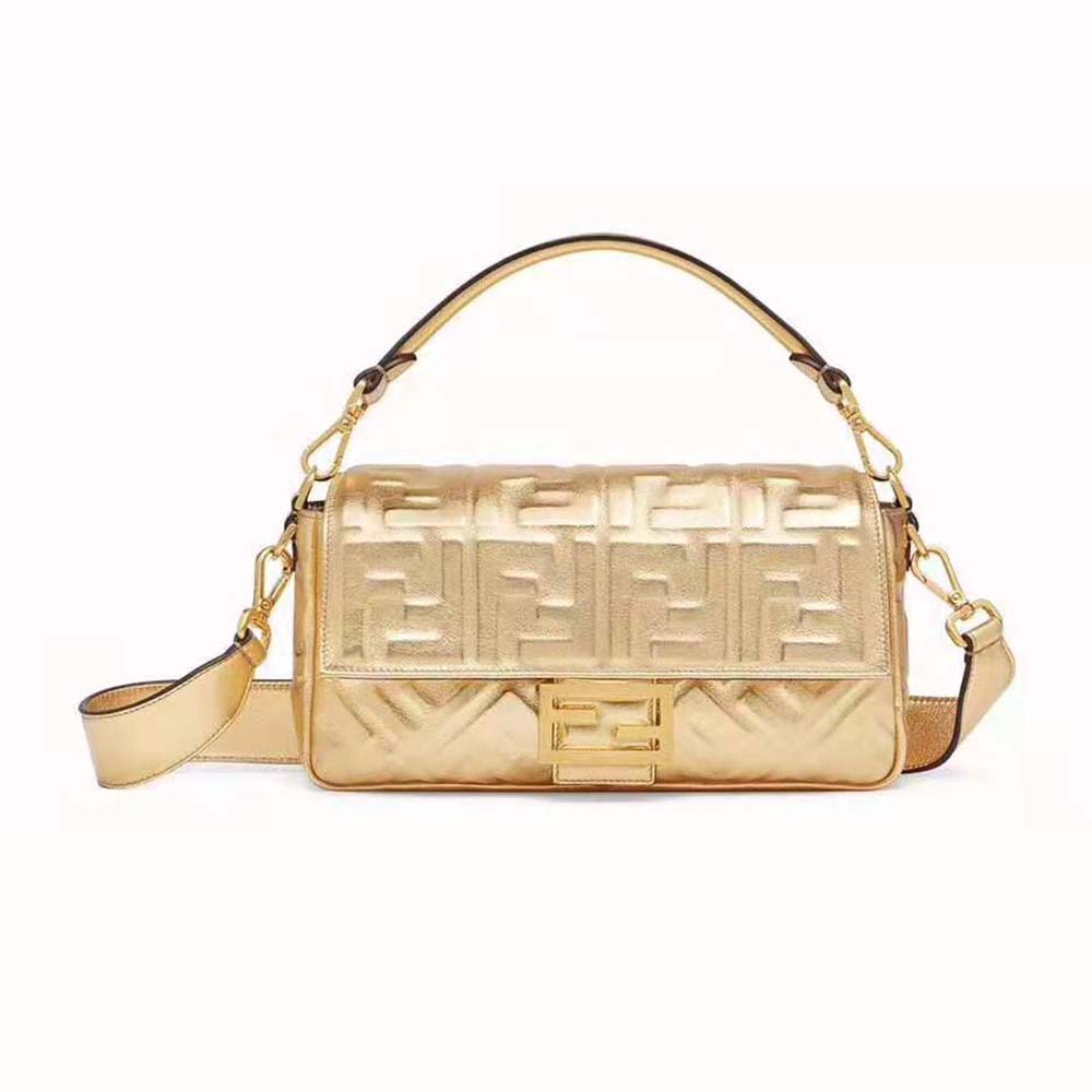 Front view of Fendi Women Baguette Fendi Prints On Leather Bag-Gold