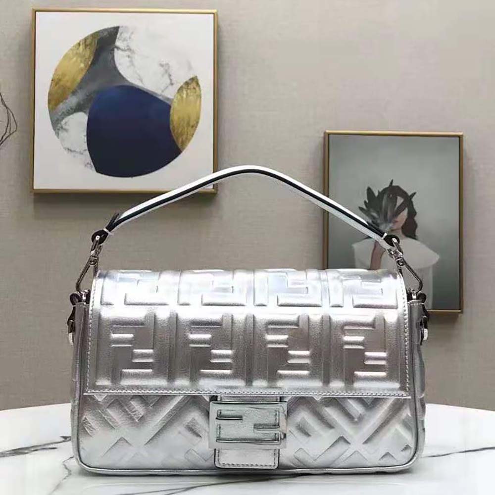 Fendi Women Baguette Fendi Prints On Leather Bag-Silver - image 2