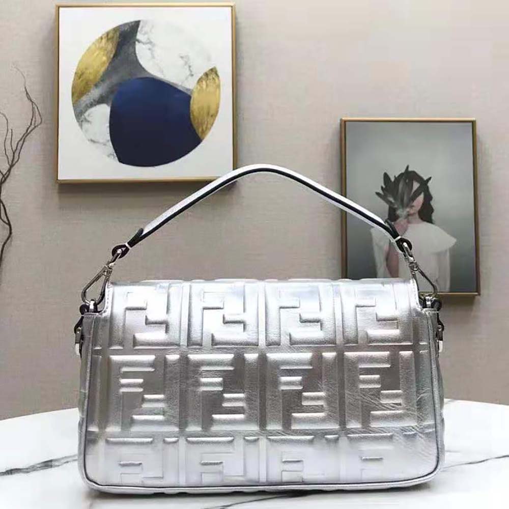 Fendi Women Baguette Fendi Prints On Leather Bag-Silver - image 4
