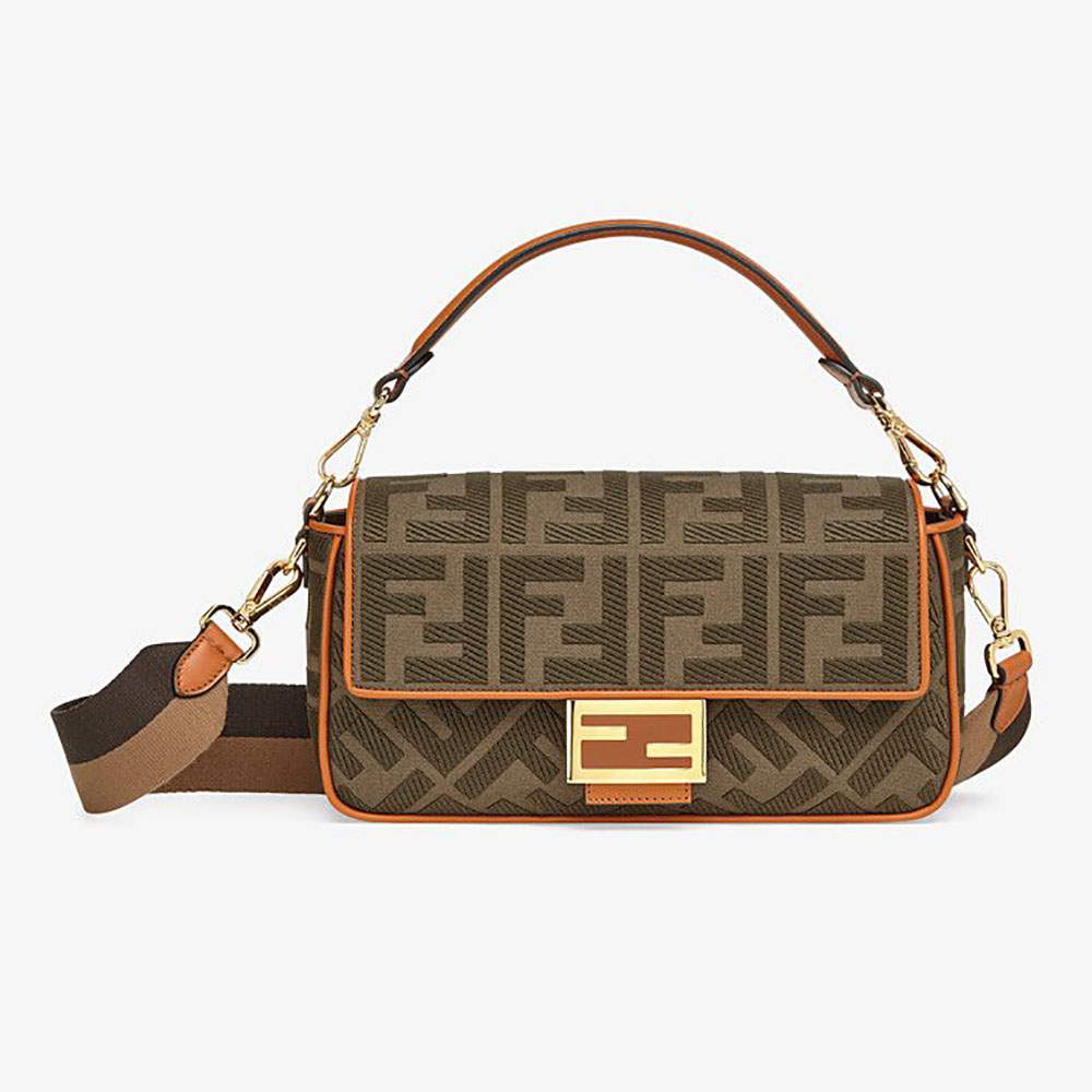 Front angle of Fendi Women Baguette Green Canvas Bag showing closure