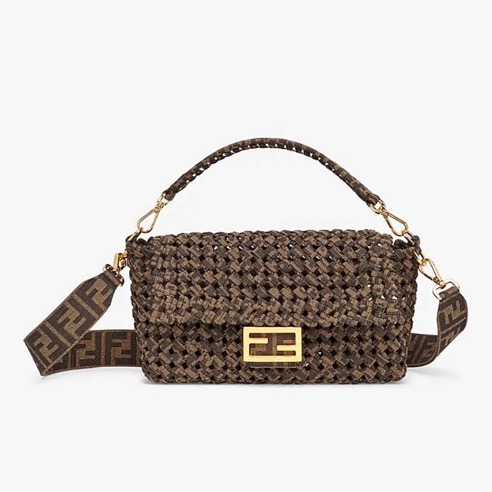 Front view of Fendi Women Baguette Jacquard Fabric Interlace Bag in brown