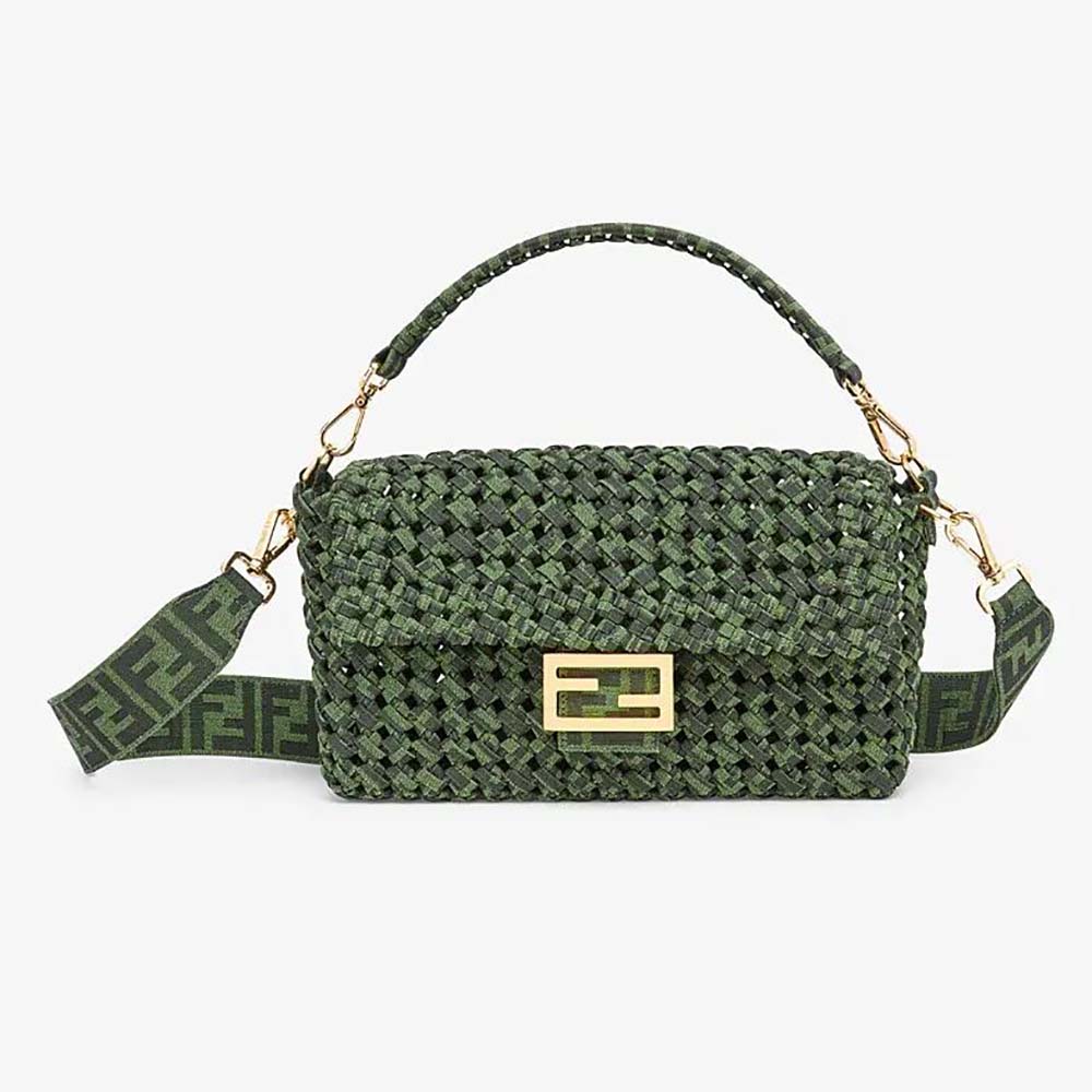 Front view of Fendi Women Baguette Jacquard Fabric Interlace Bag-Green