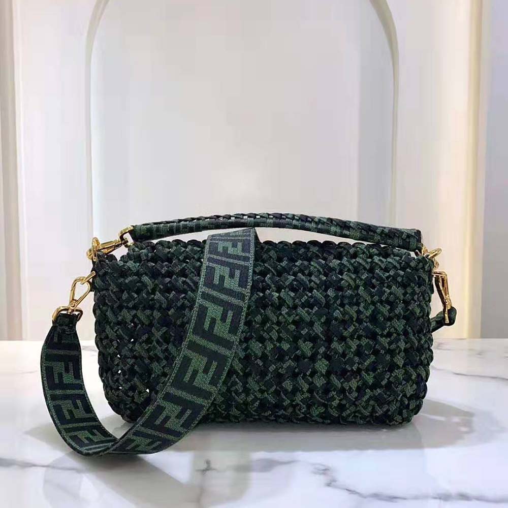 Side angle showing gold-tone hardware on Fendi Baguette Fabric Bag