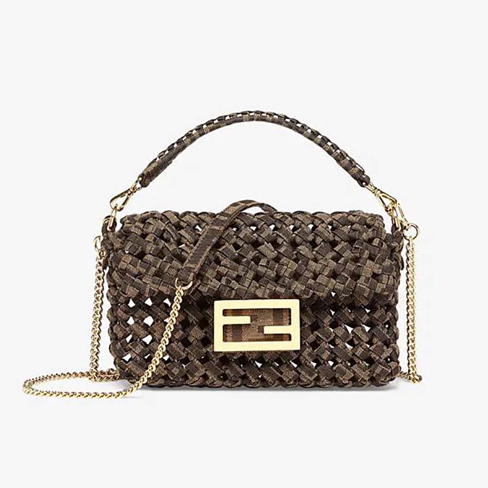 Front view of Fendi Women Baguette Jacquard Fabric Interlace Bag-Olive