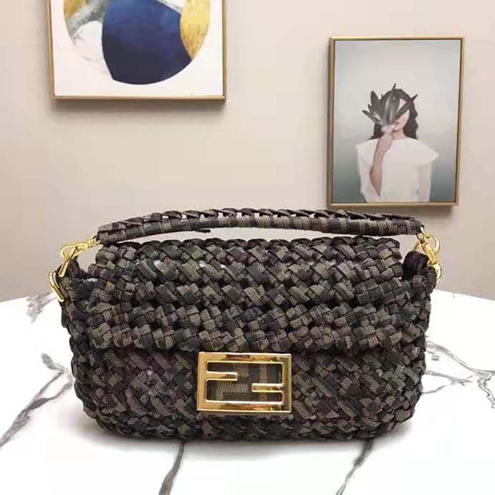 Close-up of gold interlace hardware on Fendi Women Baguette Bag-Olive