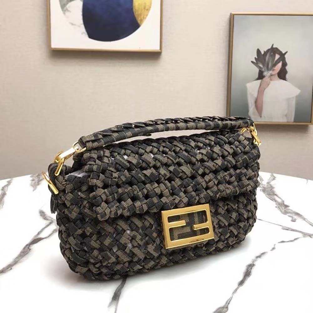 Side angle showing jacquard fabric texture on Fendi Women Baguette Bag