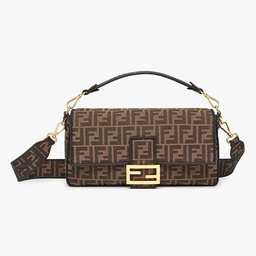Front view of Fendi Women Baguette Large Brown Fabric Bag with flap closed