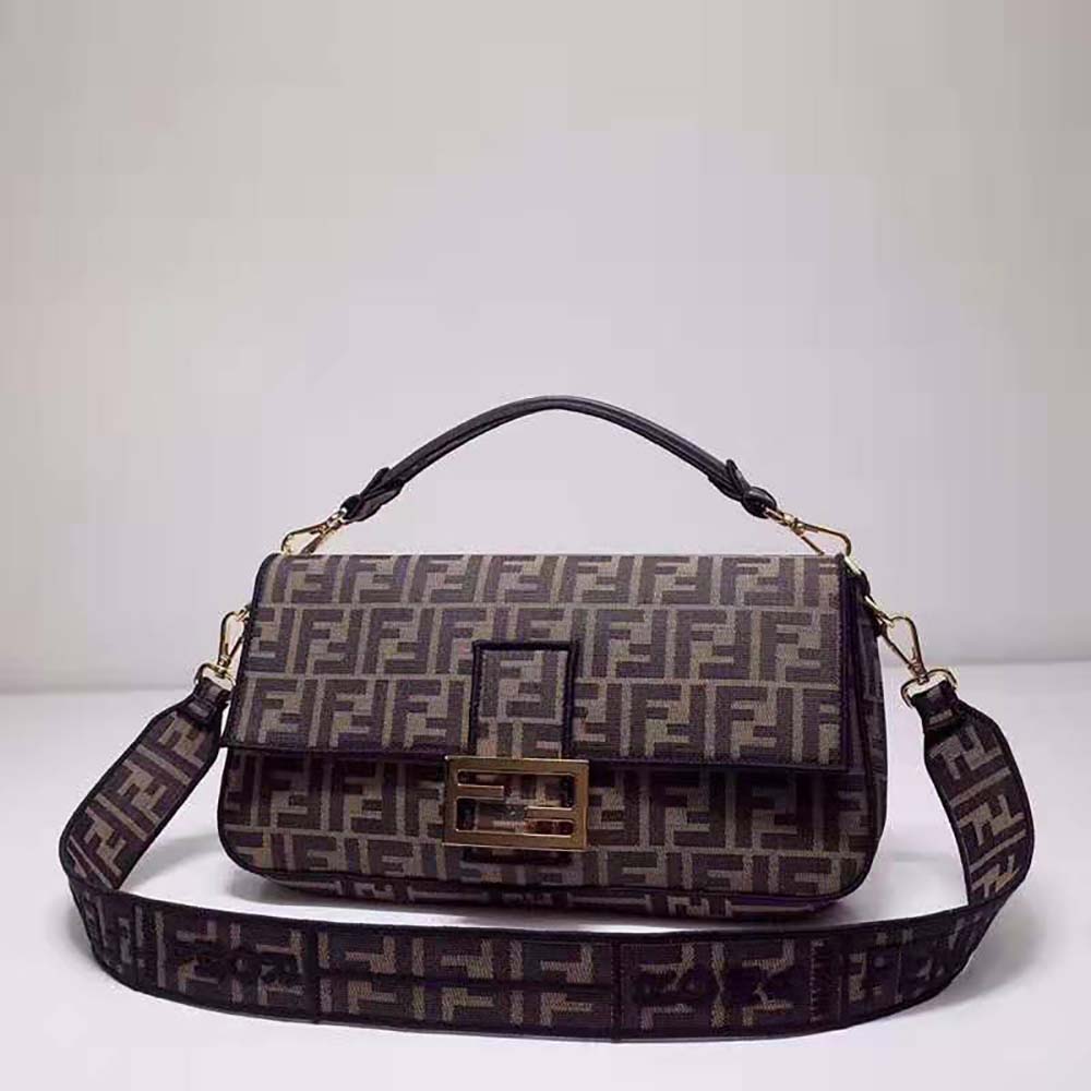 Close-up on gold-tone hardware detail of Fendi Women Baguette Large Brown Fabric Bag