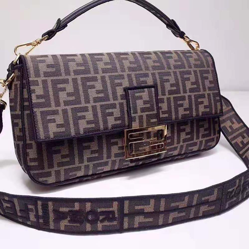Side angle highlighting silhouette of Fendi Women Baguette Large Brown Fabric Bag on white background