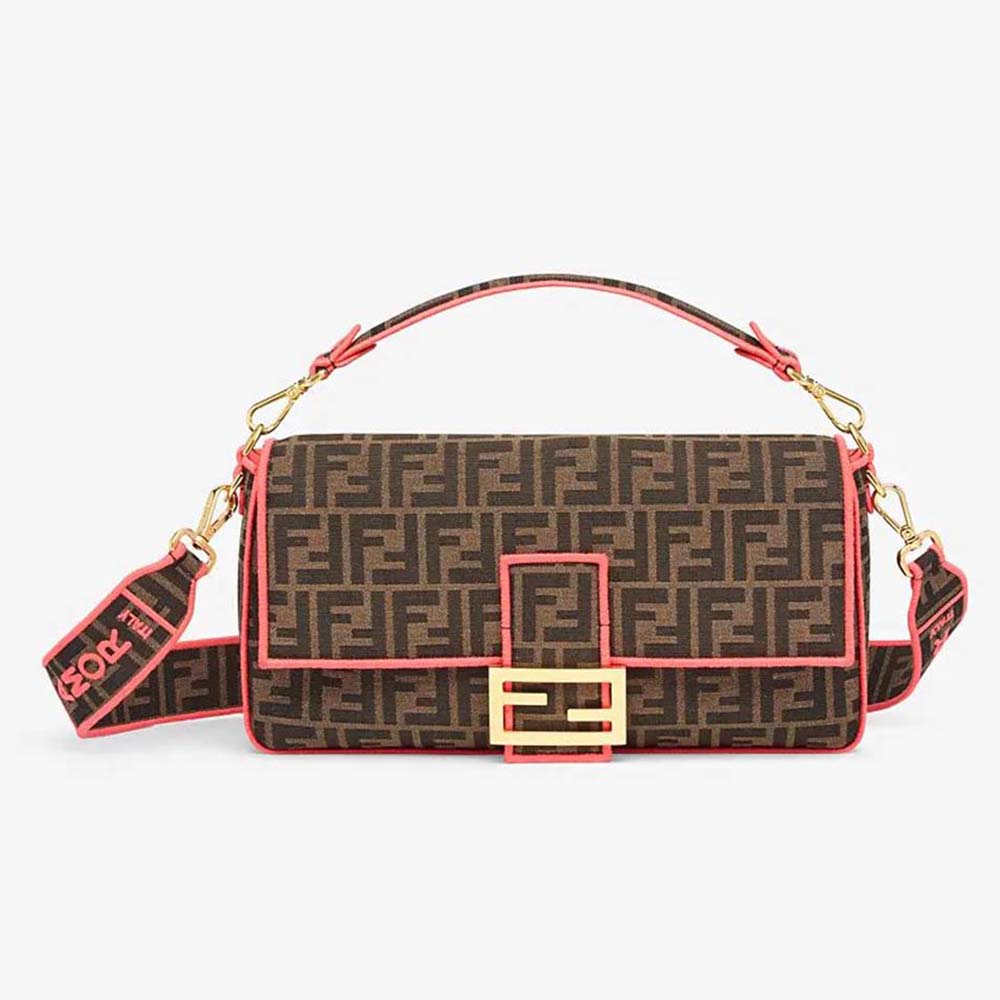 Front view of Fendi Women Baguette Large Fendi Roma/Amor Fabric Bag in brown