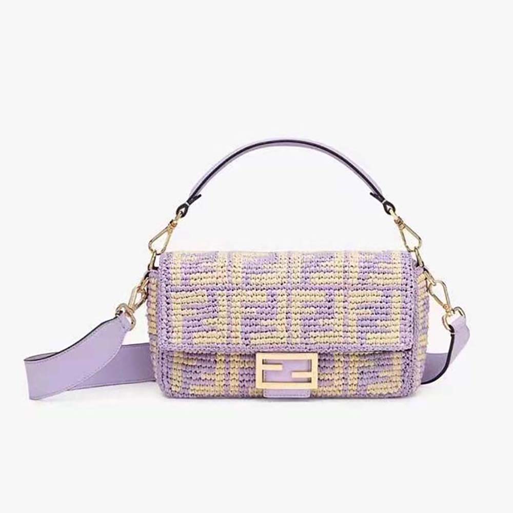 Front angle view of Fendi Women Baguette Large Lilac FF Raffia Bag