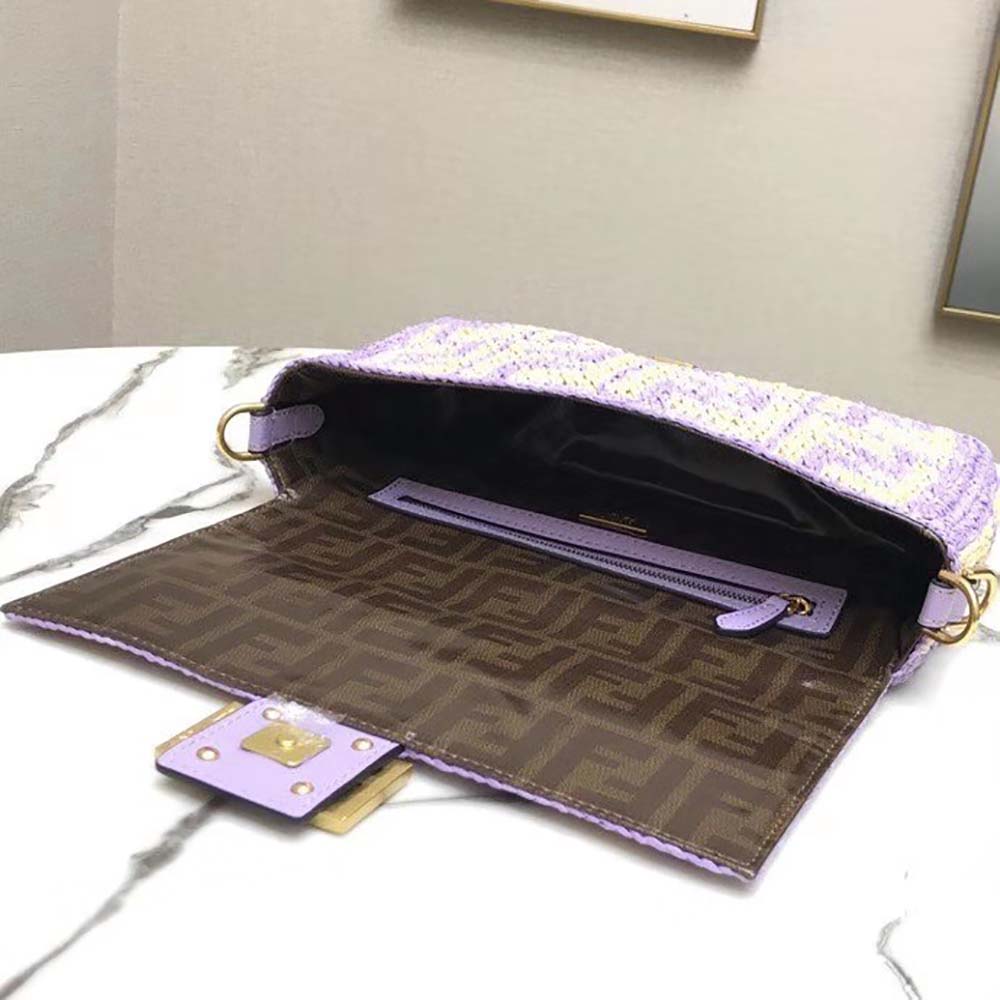 Fendi Women Baguette Large Lilac FF Raffia Bag - image 10