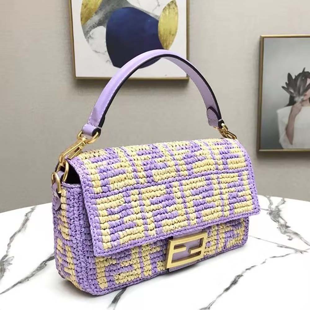 Side profile showing purple raffia texture of Fendi Women Baguette Large Lilac FF Raffia Bag