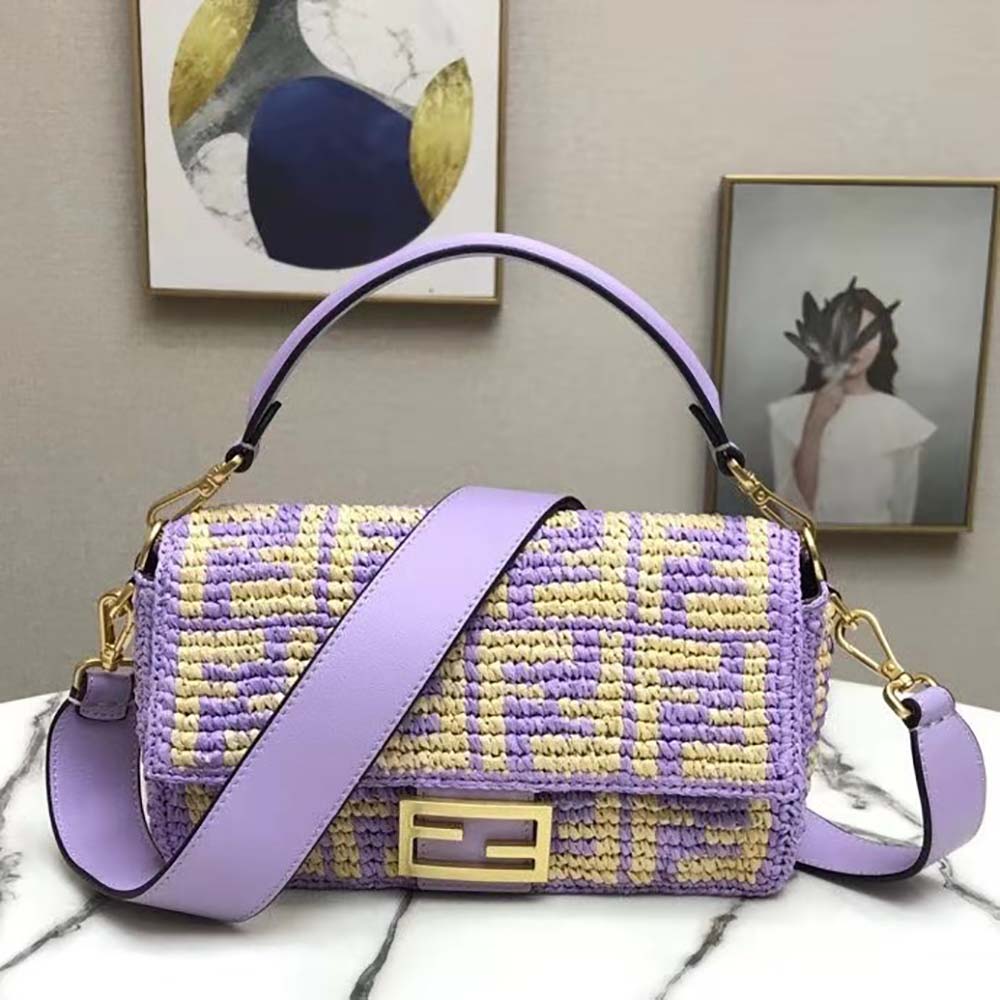 Fendi Women Baguette Large Lilac FF Raffia Bag - image 5