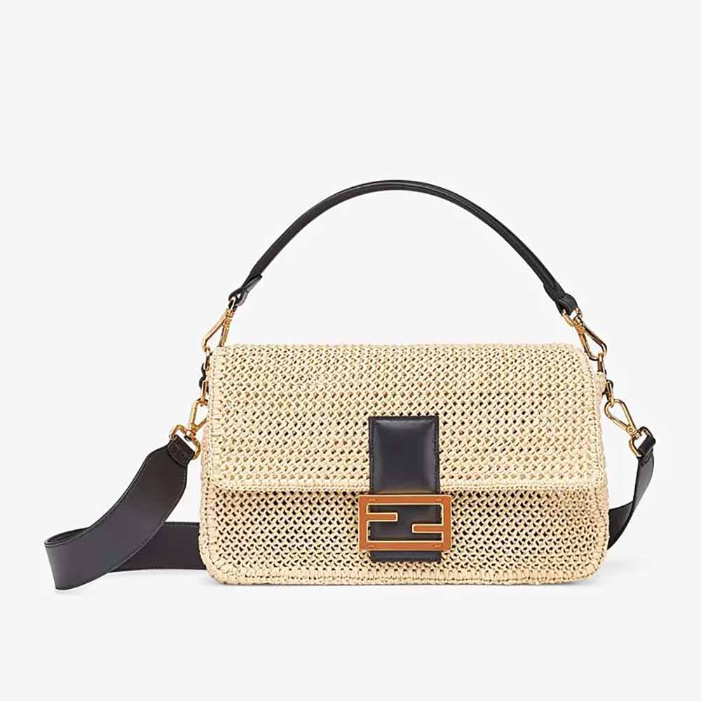 Front angle of Fendi Women Baguette Large Natural Straw Bag in beige