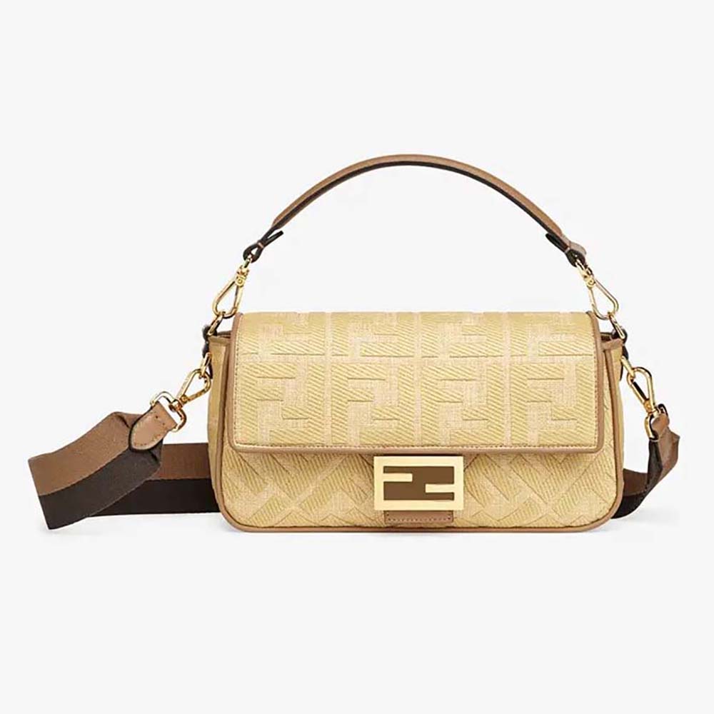Front view of Fendi Women Baguette Natural Straw Bag with flap closed