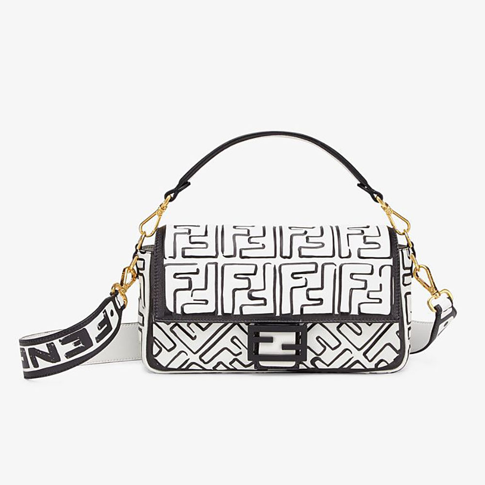Front view of Fendi Women Baguette White Nappa Leather FF Print Bag