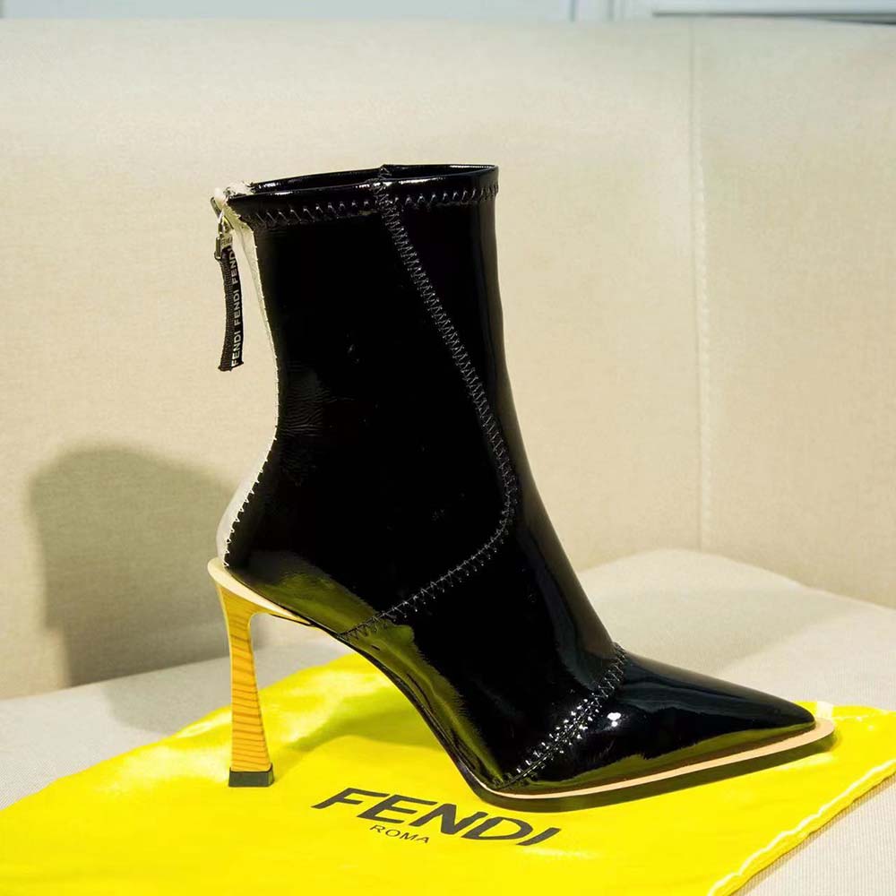 Side view of Fendi Women Biker Boots Glossy Black Leather Biker Boots