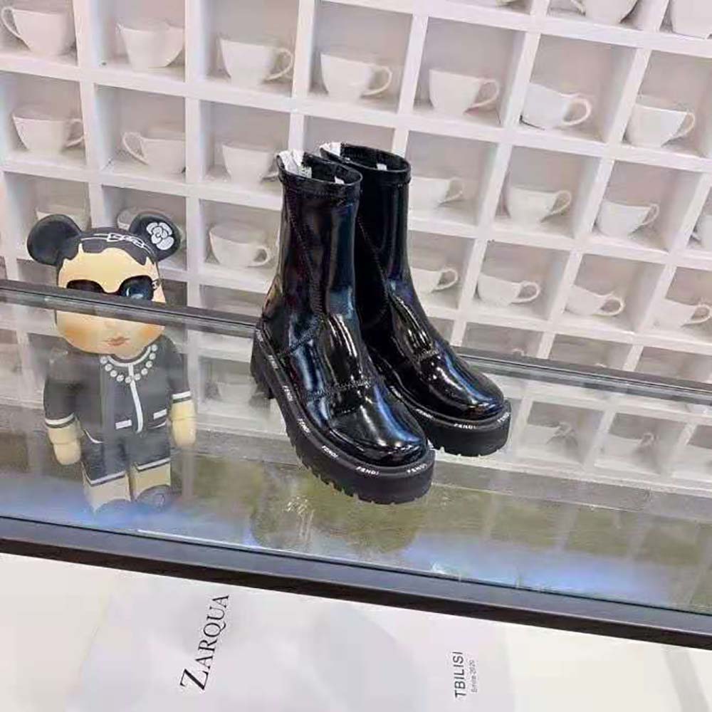 Top angle of Fendi Women Biker Boots Glossy Black Neoprene Biker Boots with zip closure