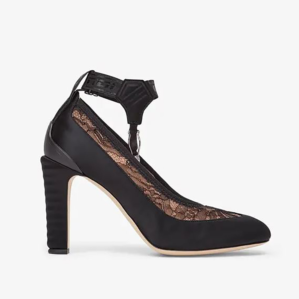 Side view of Fendi Women Black Lace and Satin Pumps in 95 mm Heel