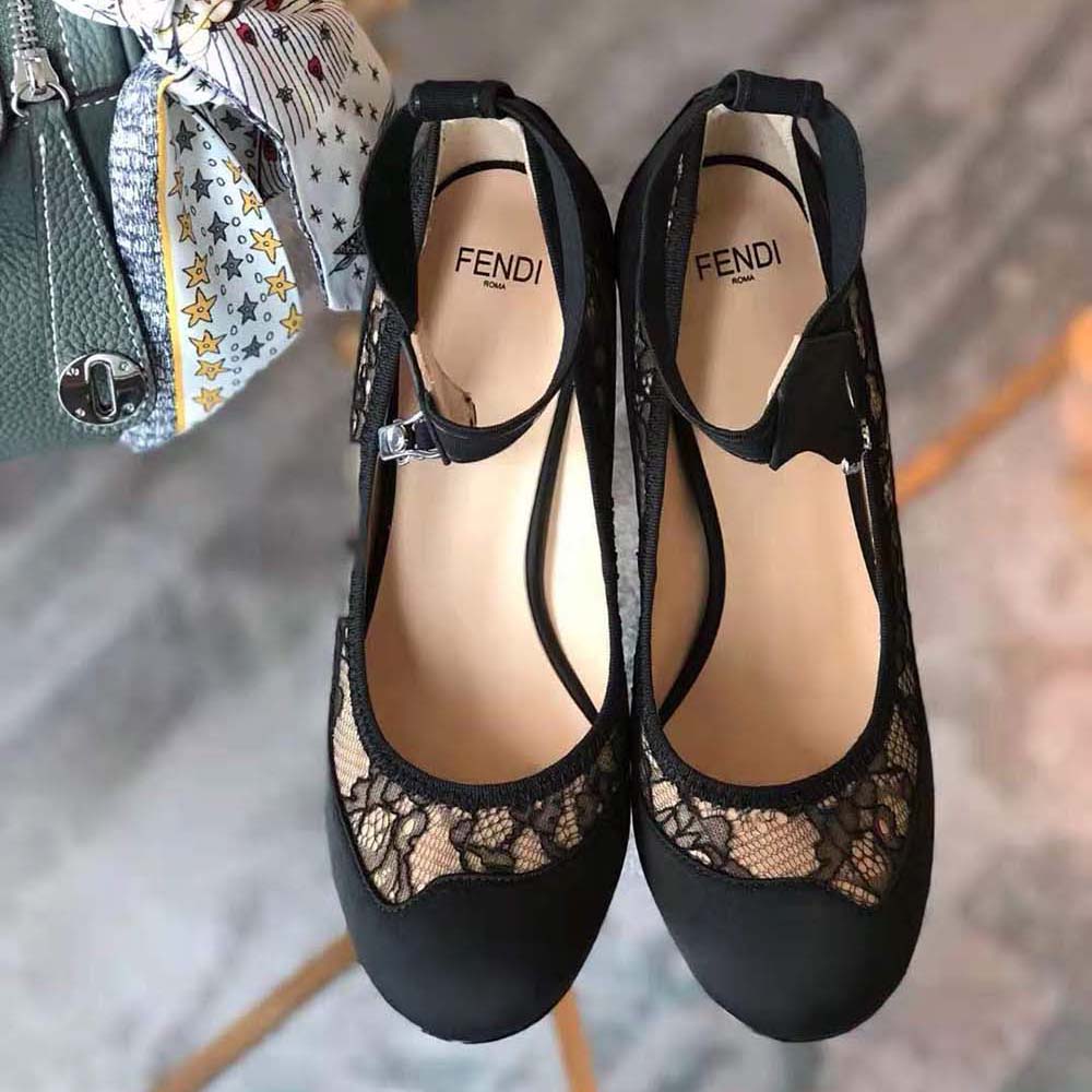 Close-up of lace and satin texture on Fendi Women Black Pumps