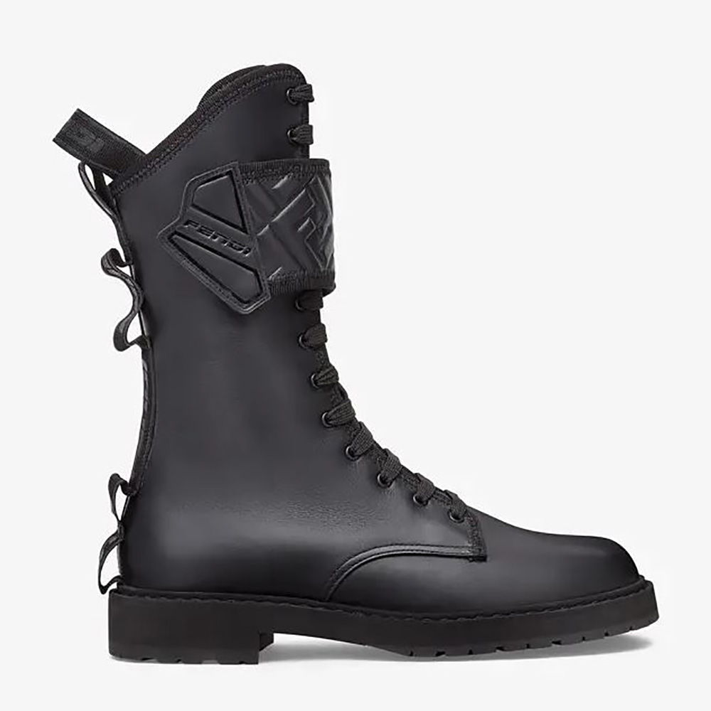 Side profile of Fendi Women Black Leather Biker Boots showing silhouette