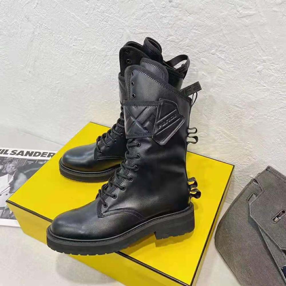 Top view of lace-up detail on Fendi Women Black Leather Biker Boots
