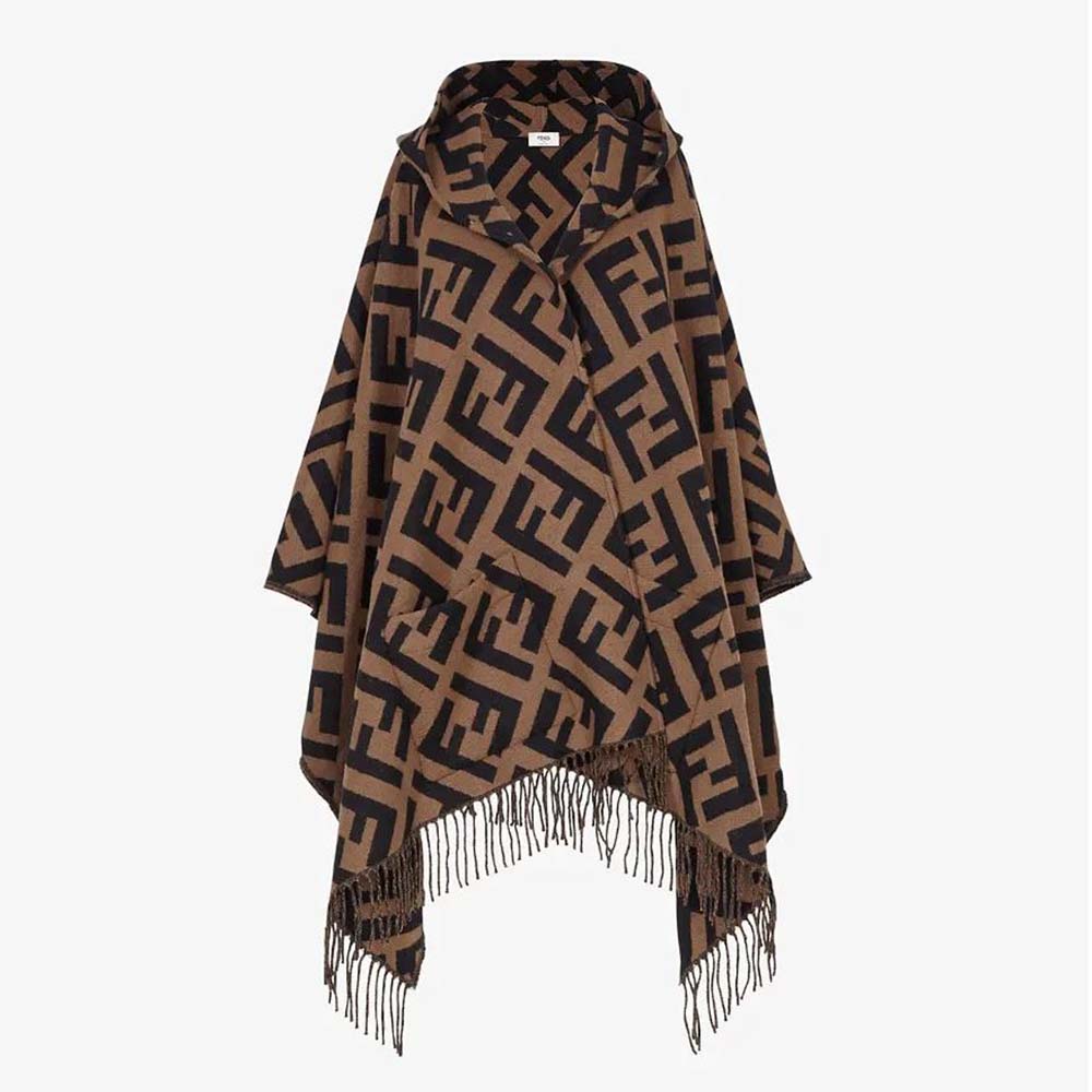Front view of Fendi Women Brown Cashmere Poncho with hood and pockets