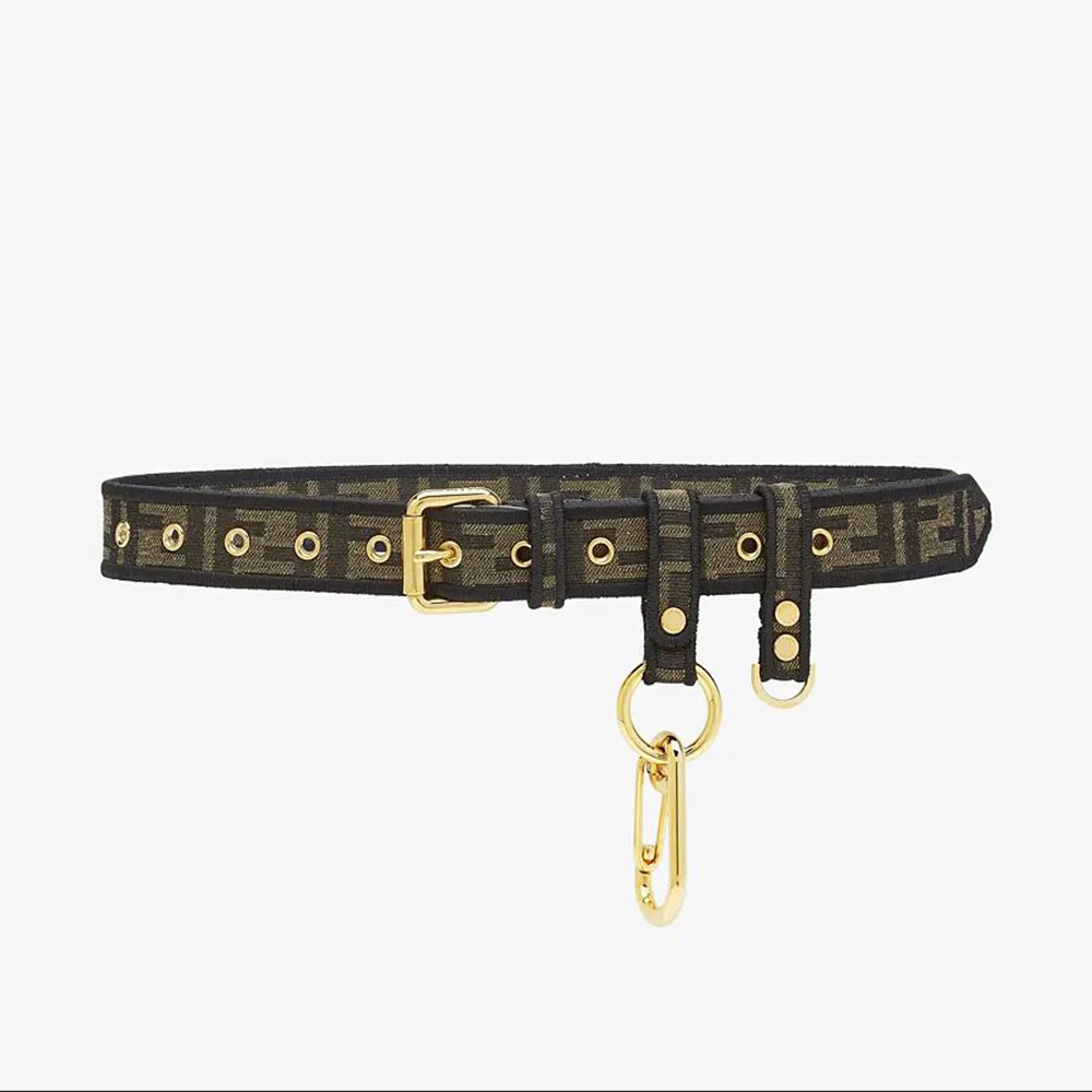 Front view of Fendi Women Brown Fabric Belt with gold buckle