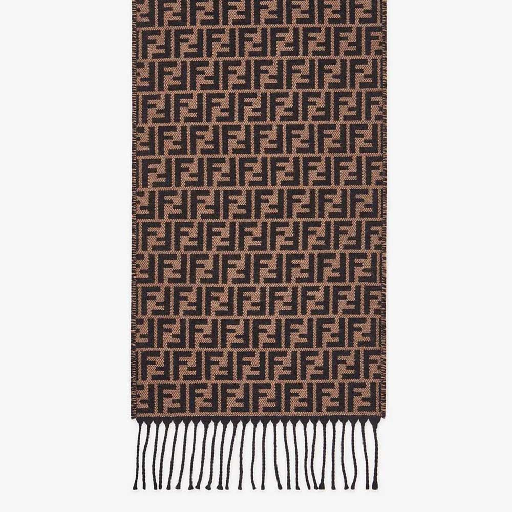 Fendi Women Brown Wool Scarf with Fringing close-up on texture and edges