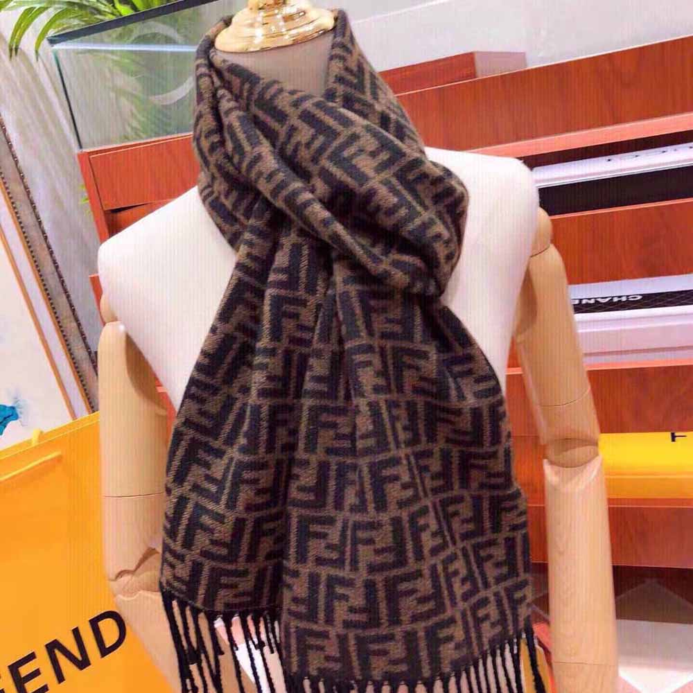 Fendi Women Brown Wool Scarf with Fringing styled wrapped around neck