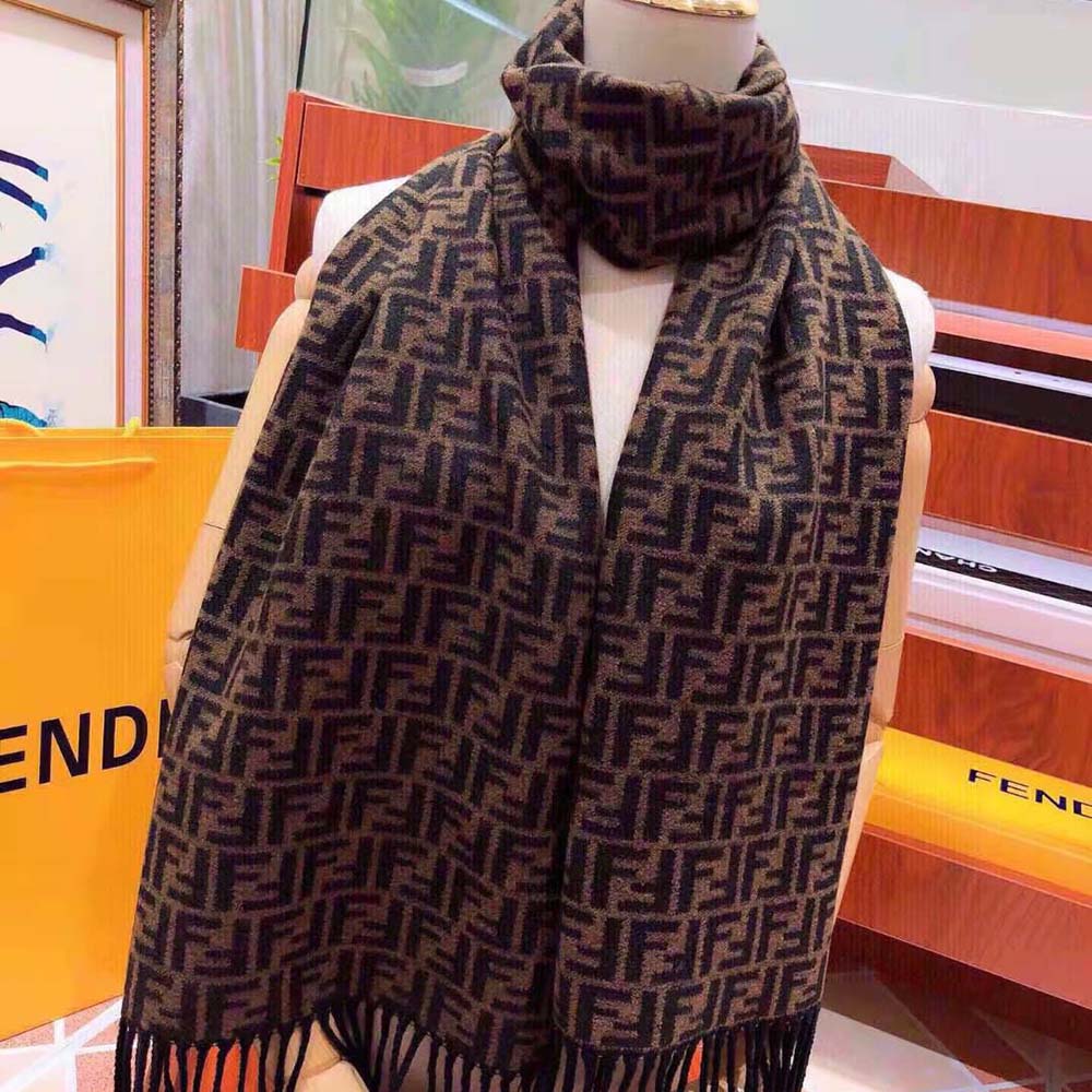 Fendi Women Brown Wool Scarf with Fringing full rectangular layout flat