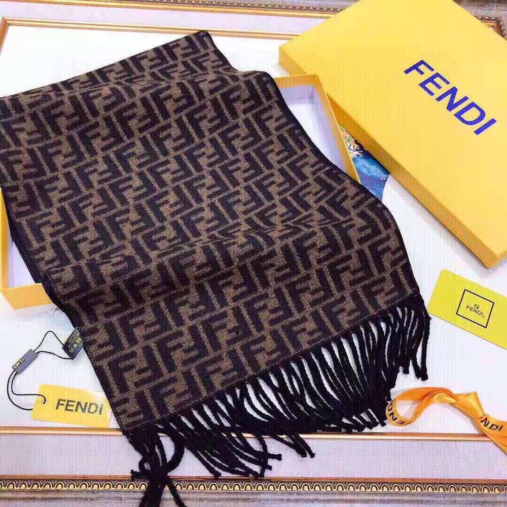 Fendi Women Brown Wool Scarf with Fringing - image 4