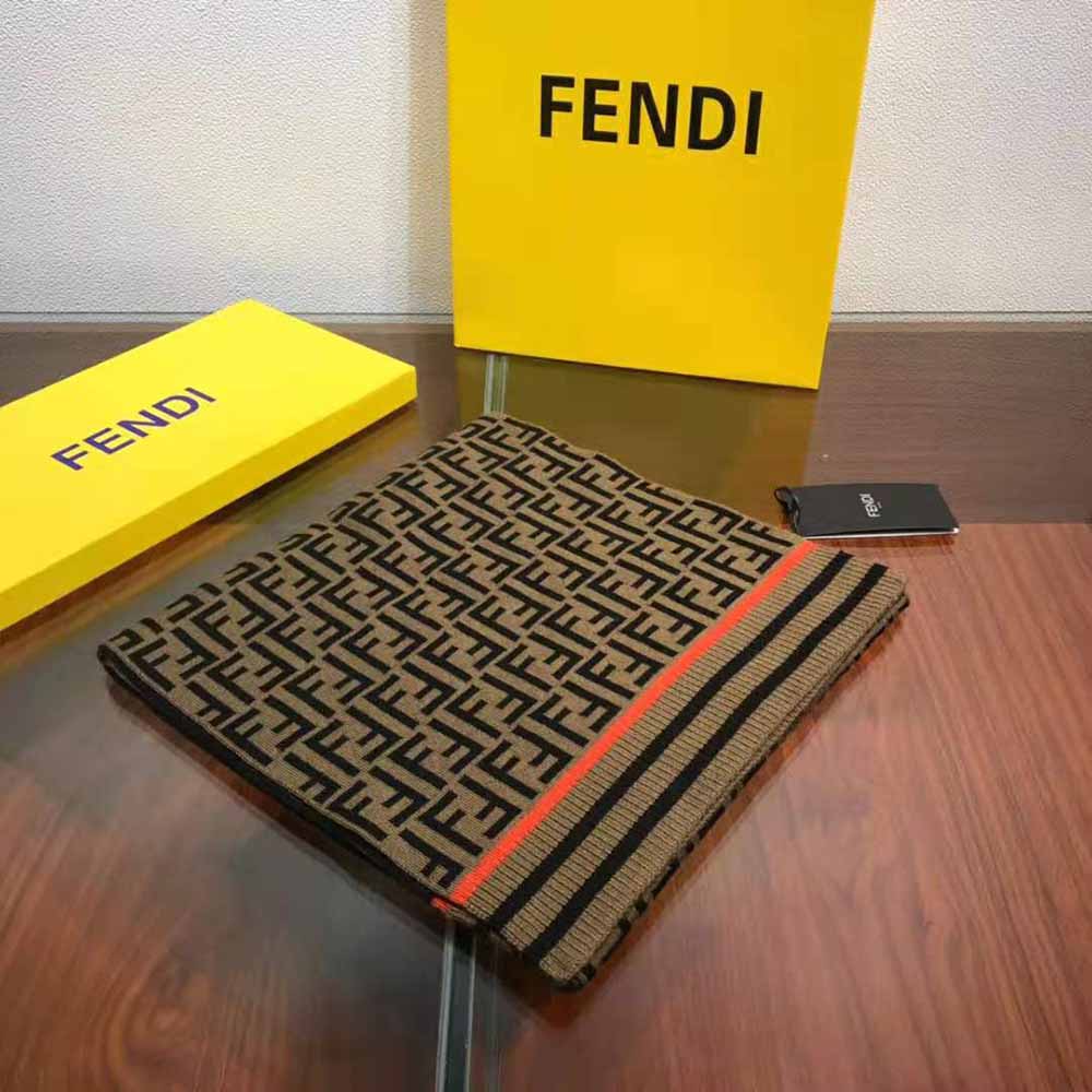 Close-up of textured wool and cashmere fabric on Fendi Brown FF Scarf