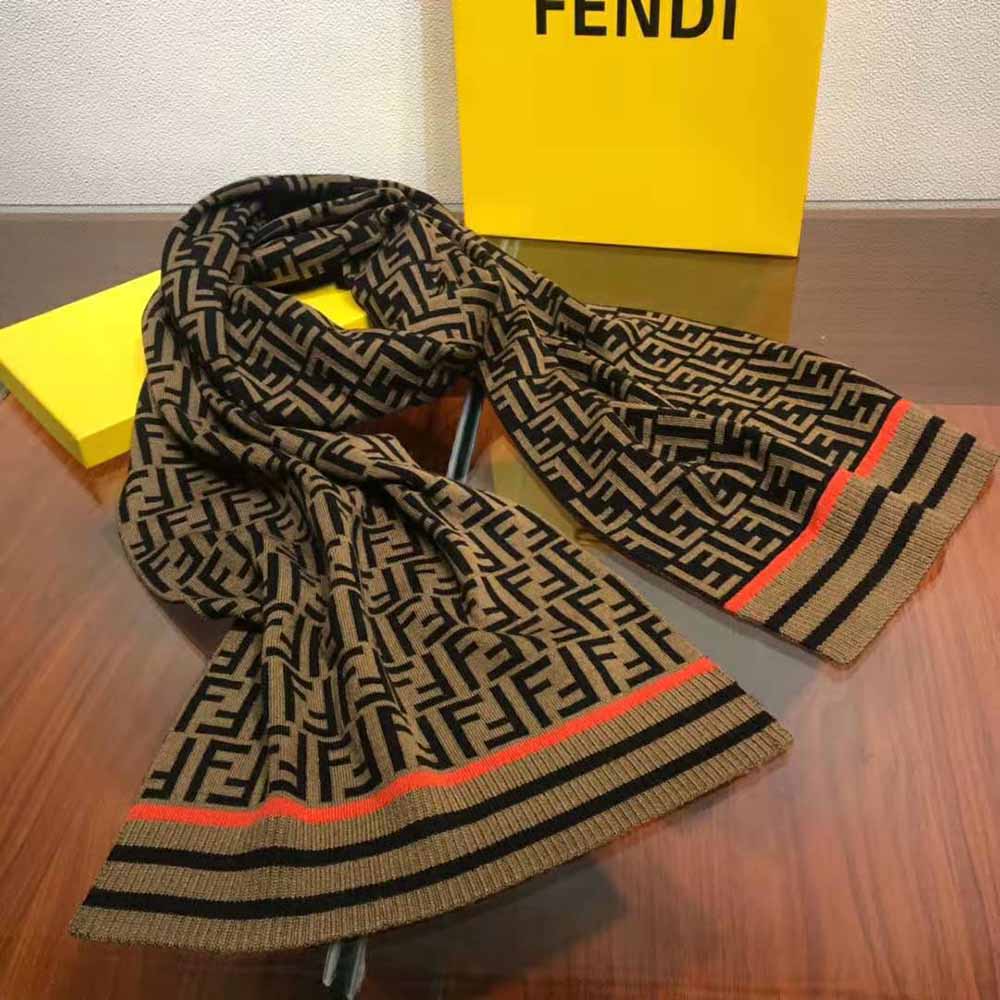 Side angle of Fendi Women Brown Wool and Cashmere FF Scarf draped elegantly