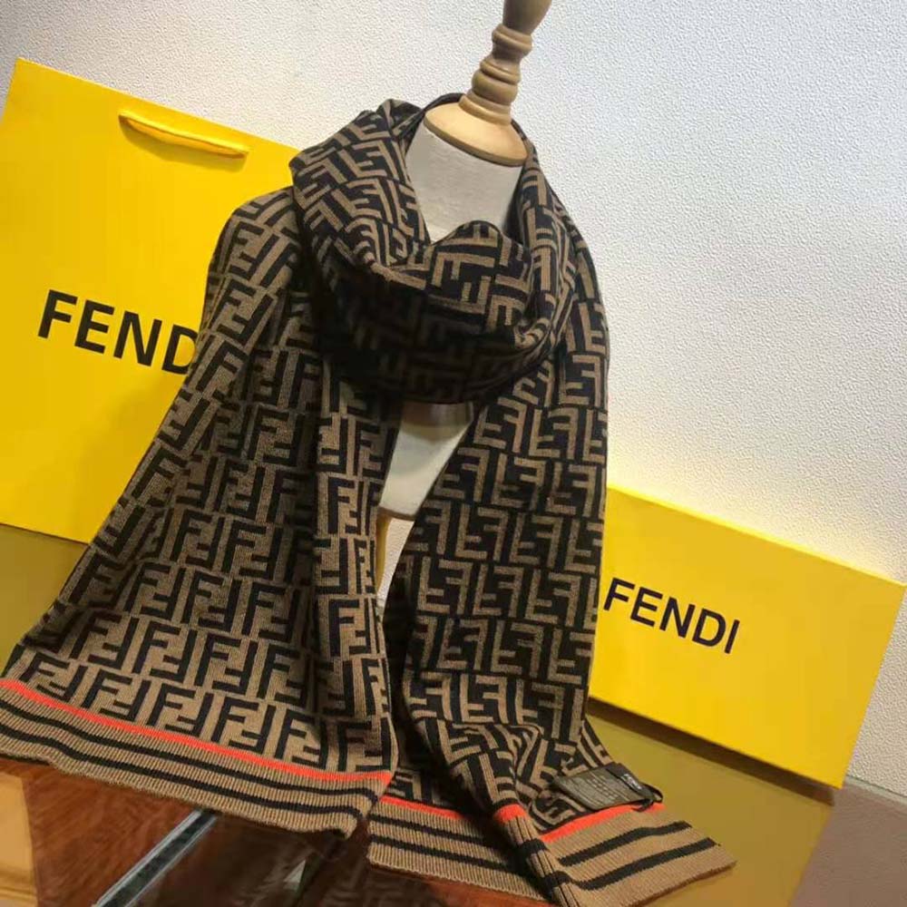 Fendi Women Brown Wool and Cashmere FF Scarf - image 6